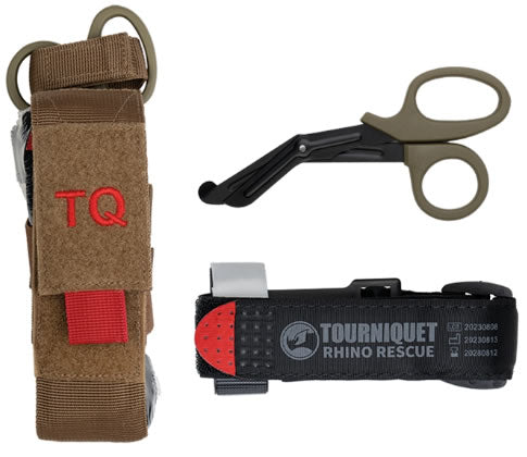 Kit Tactic de Prim Ajutor - RHINO Rescue Tourniquet cu Husă și Foarfecă Coyote