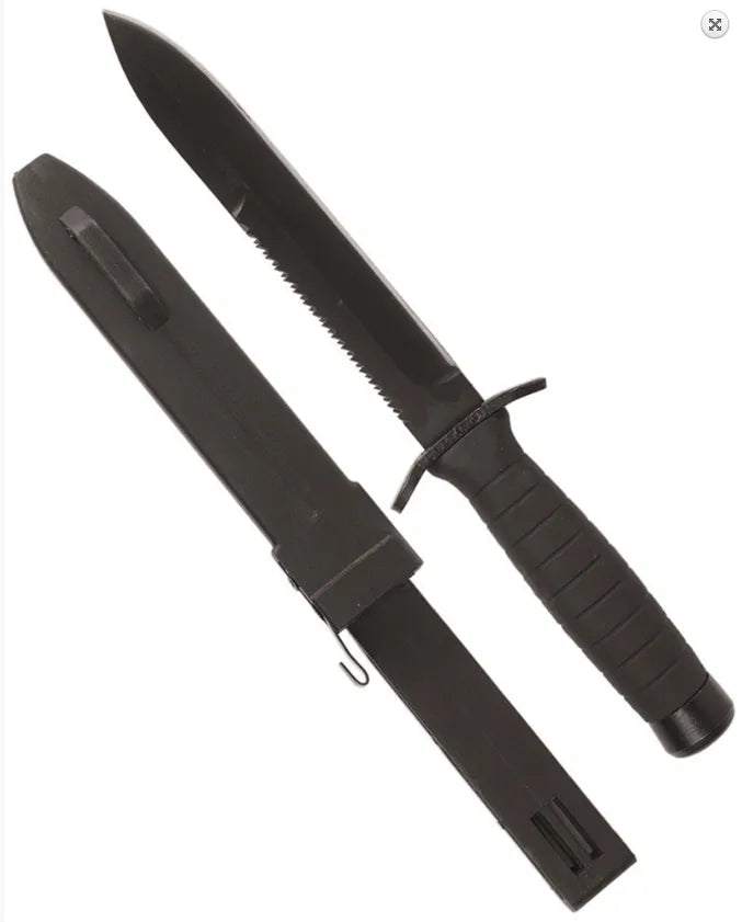 BLACK COMBAT KNIFE with Saw & Scabbard – Cuțit Tactic cu Fierăstrău și Teacă Rigidă