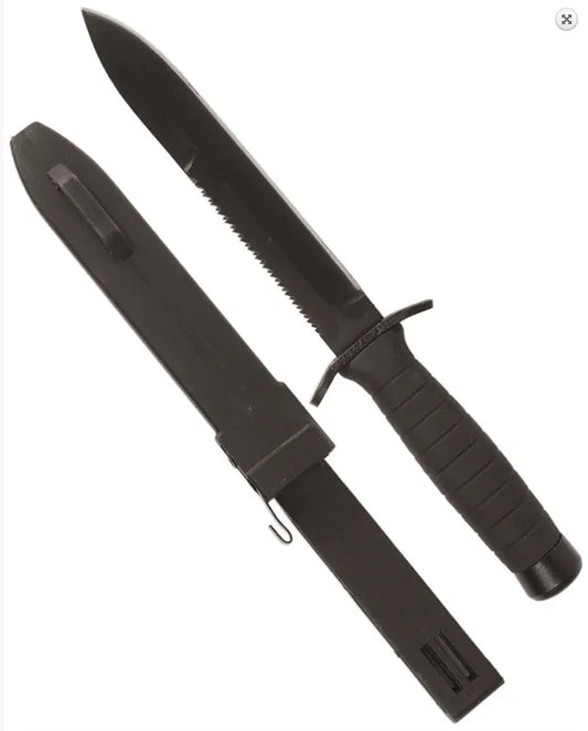 BLACK COMBAT KNIFE with Saw & Scabbard – Cuțit Tactic cu Fierăstrău și Teacă Rigidă