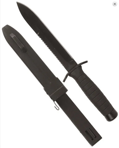 BLACK COMBAT KNIFE with Saw & Scabbard – Cuțit Tactic cu Fierăstrău și Teacă Rigidă