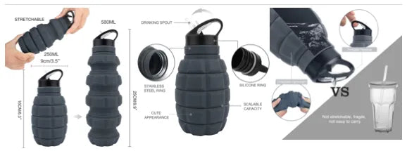 Bidon Extensibil Din Silicon Tip Grenada 580 ml Gri
