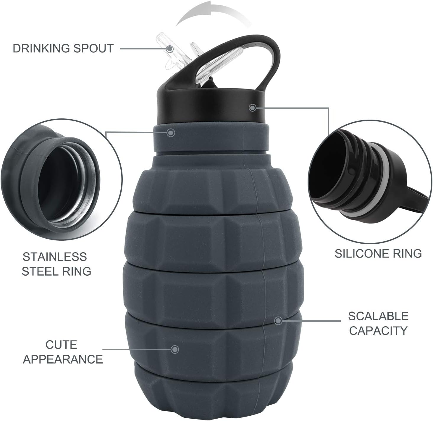 Bidon Extensibil Din Silicon Tip Grenada 580 ml Gri