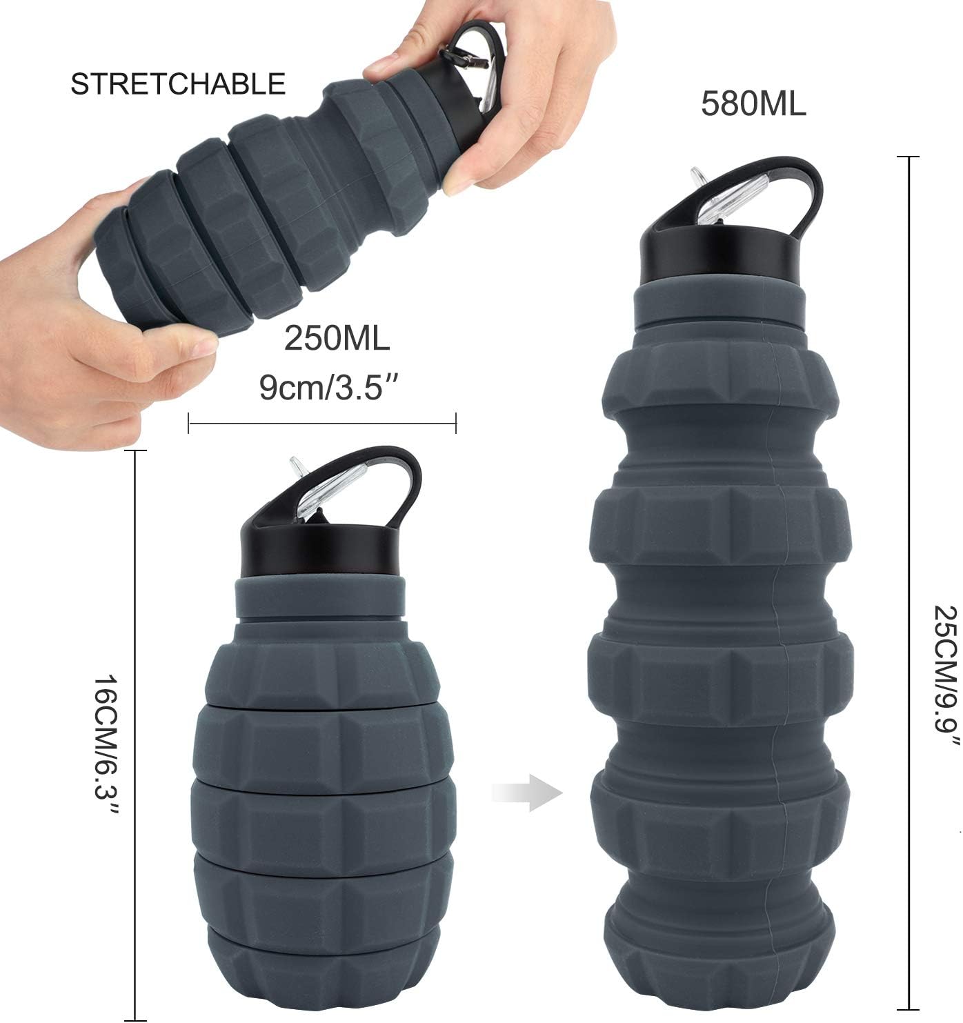 Bidon Extensibil Din Silicon Tip Grenada 580 ml Gri