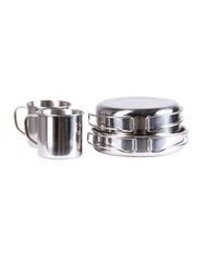 Set Gătit 8 Piese din Inox – 2 Oale, 3 Farfurii, 2 Căni, 1 Tigaie – Compact și Versatil