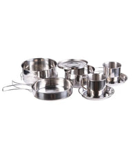 Set Gătit 8 Piese din Inox – 2 Oale, 3 Farfurii, 2 Căni, 1 Tigaie – Compact și Versatil
