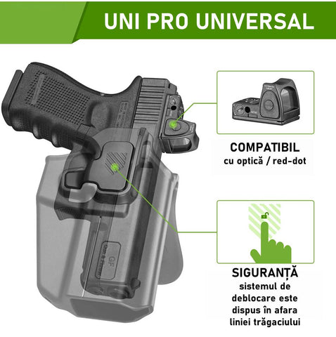 Toc pistol GUN FLOWER® UNI PRO, lvl. II, universal, din polimer, OWB, optic-ready, acceptă peste 100+ modele de pistol GF-POUNIA