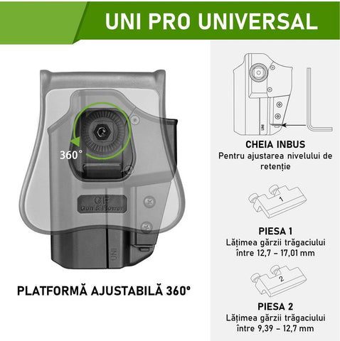 Toc pistol GUN FLOWER® UNI PRO, lvl. II, universal, din polimer, OWB, optic-ready, acceptă peste 100+ modele de pistol GF-POUNIA