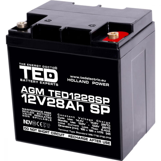 Acumulator AGM 12V 28Ah TED Electric - Dimensiuni Speciale, M6 - 1
