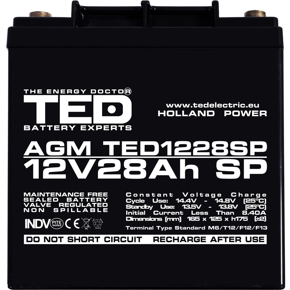 Acumulator AGM 12V 28Ah TED Electric - Dimensiuni Speciale, M6 - 4