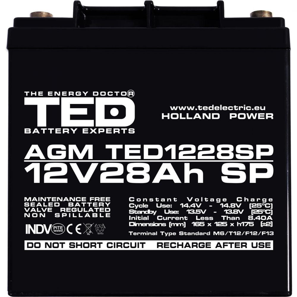 Acumulator AGM 12V 28Ah TED Electric - Dimensiuni Speciale, M6 - 8