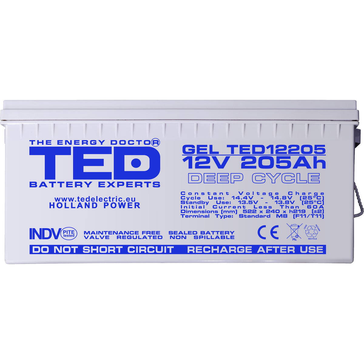 Acumulator AGM GEL VRLA 12V 205Ah TED Electric - Deep Cycle, M8 - 4