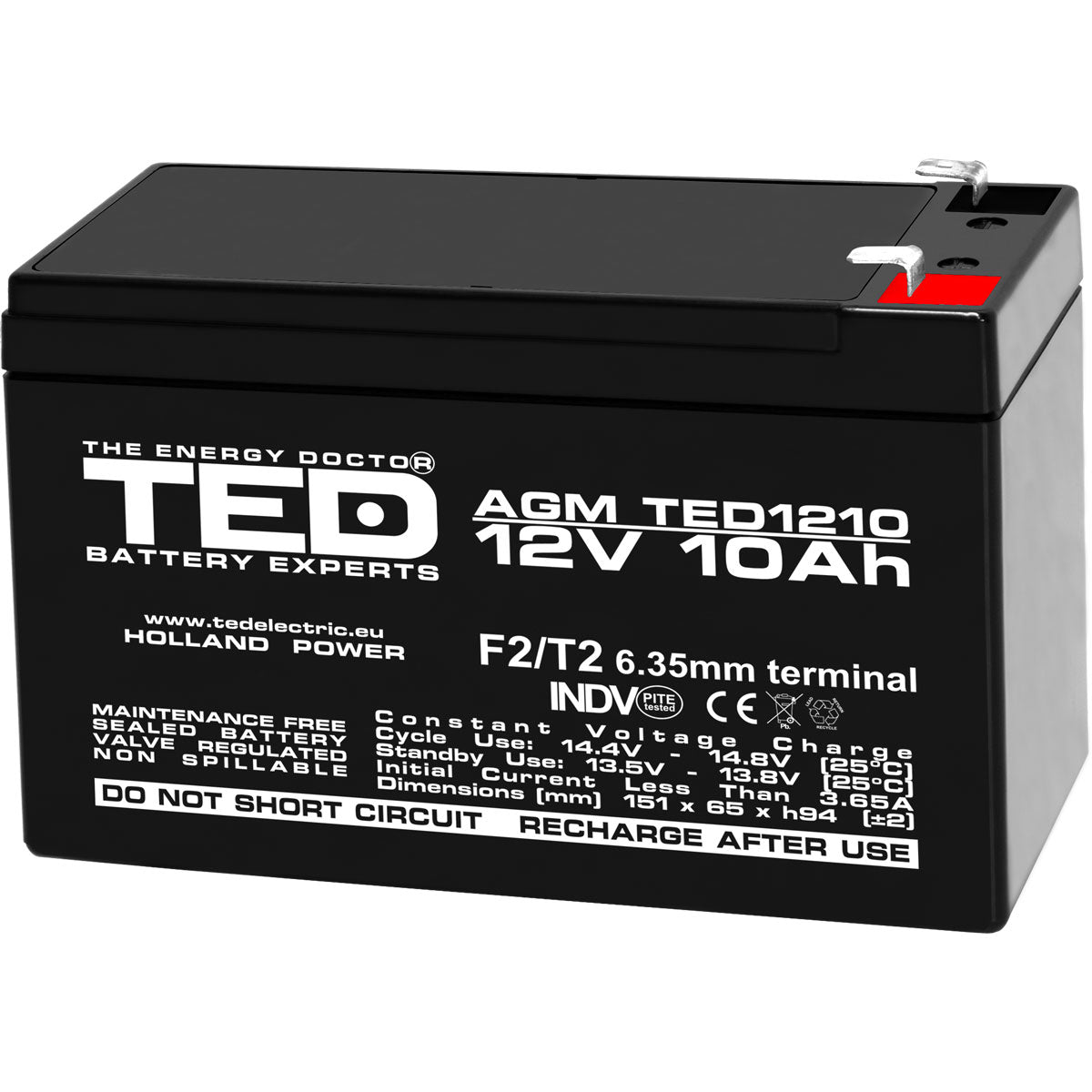 Acumulator AGM VRLA 12V 10Ah TED Electric - F2, Etanș, Fiabil - 2