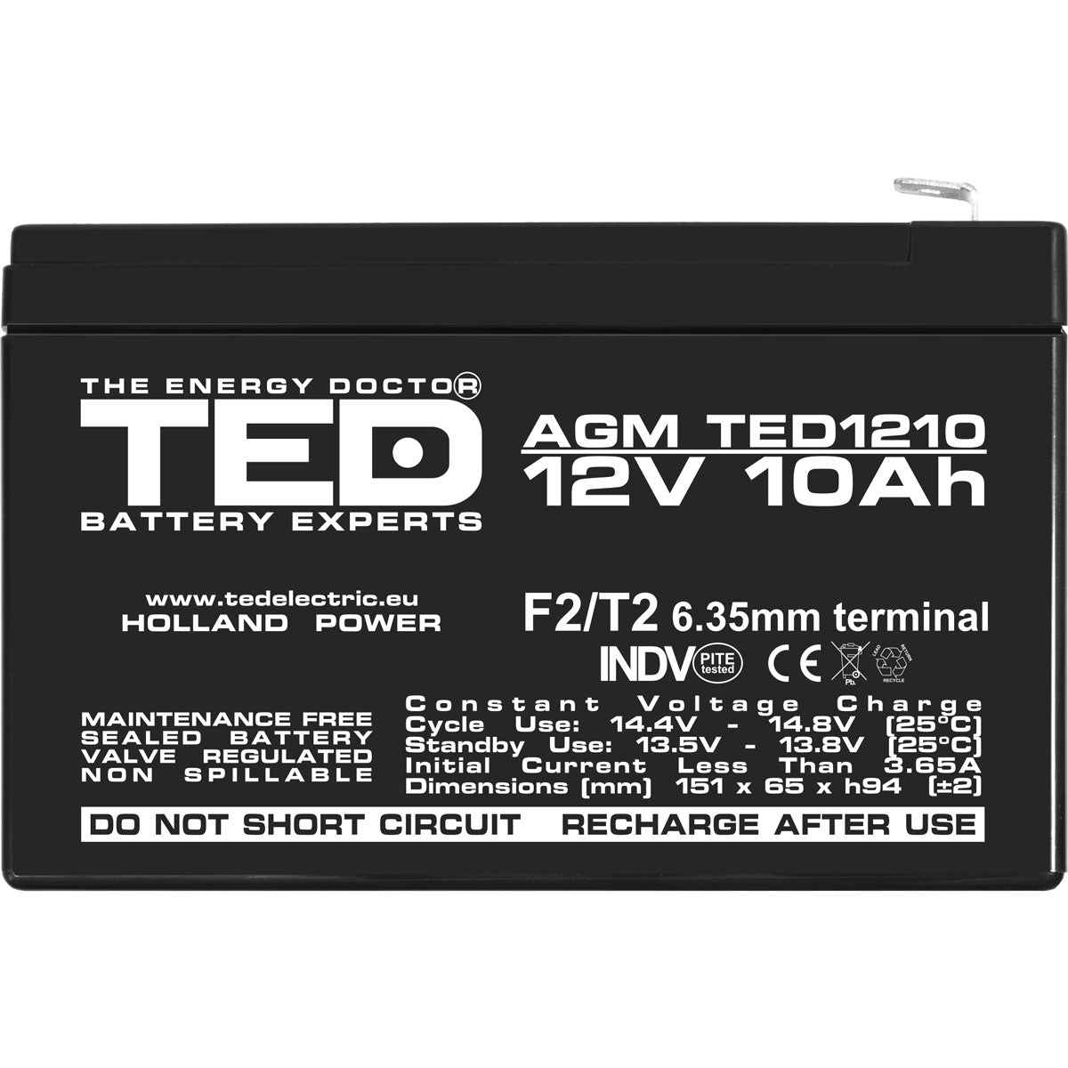 Acumulator AGM VRLA 12V 10Ah TED Electric - F2, Etanș, Fiabil - 4