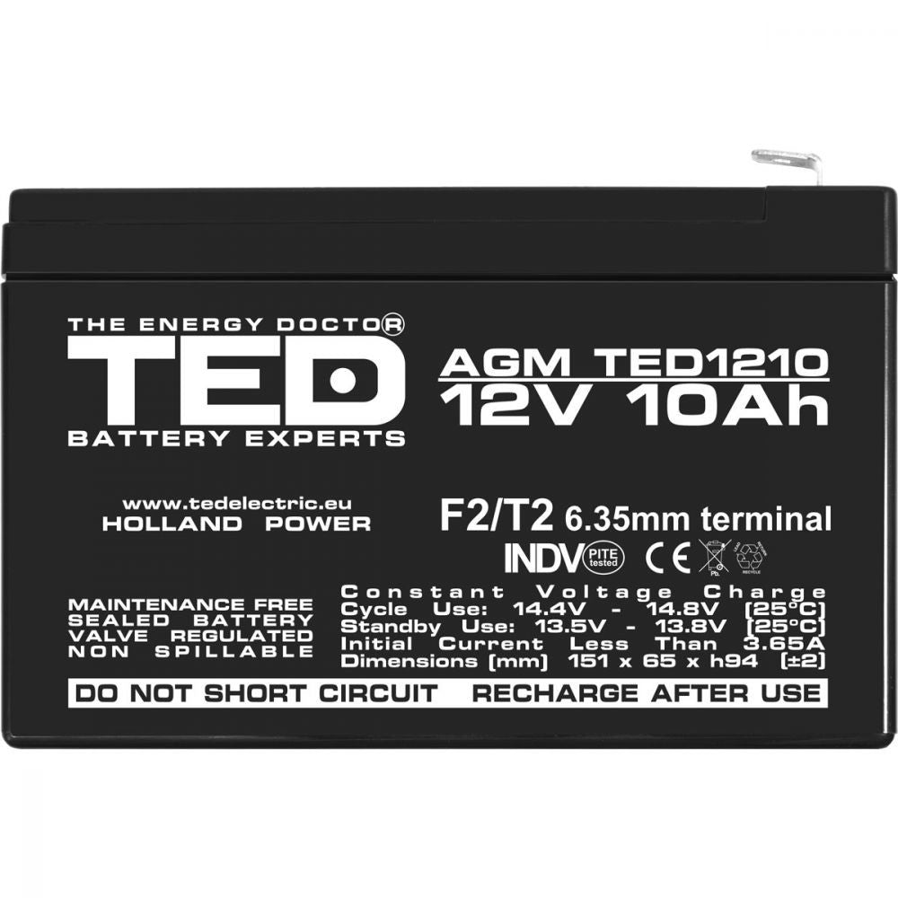Acumulator AGM VRLA 12V 10Ah TED Electric - F2, Etanș, Fiabil - 8