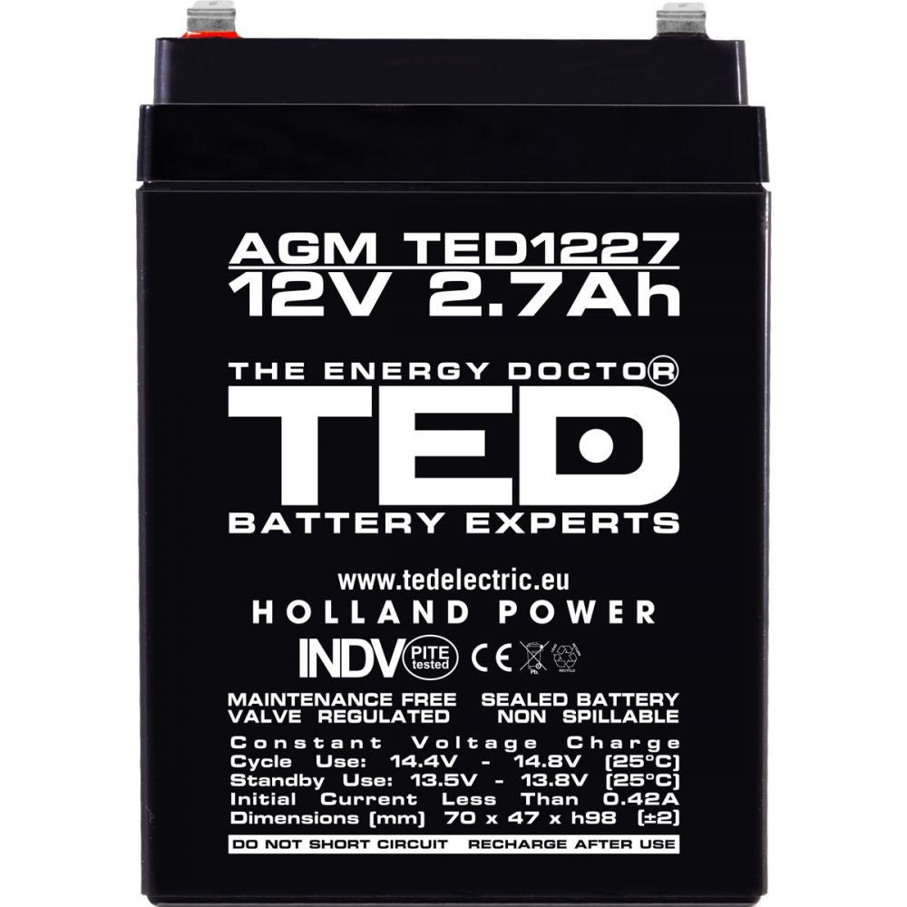 Acumulator AGM VRLA 12V 2.7Ah TED Electric - Compact, Fiabil - 8