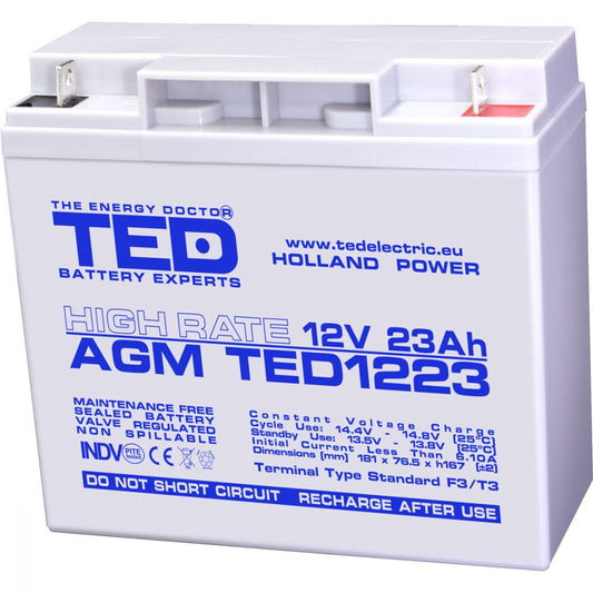 Acumulator AGM VRLA 12V 23Ah TED Electric - High Rate, F3 - 1
