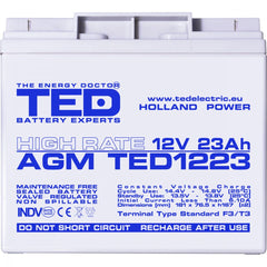 Acumulator AGM VRLA 12V 23Ah TED Electric - High Rate, F3 - 8
