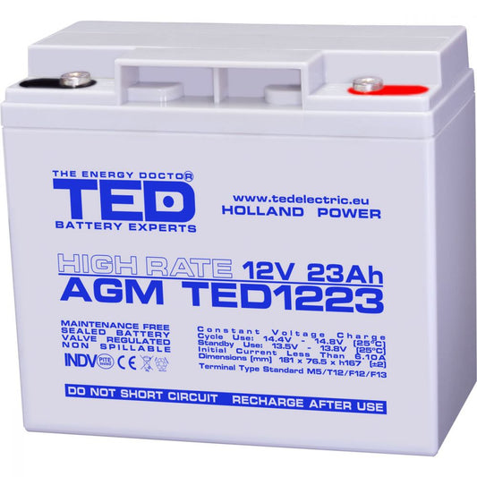 Acumulator AGM VRLA 12V 23Ah TED Electric - High Rate, M5 - 1