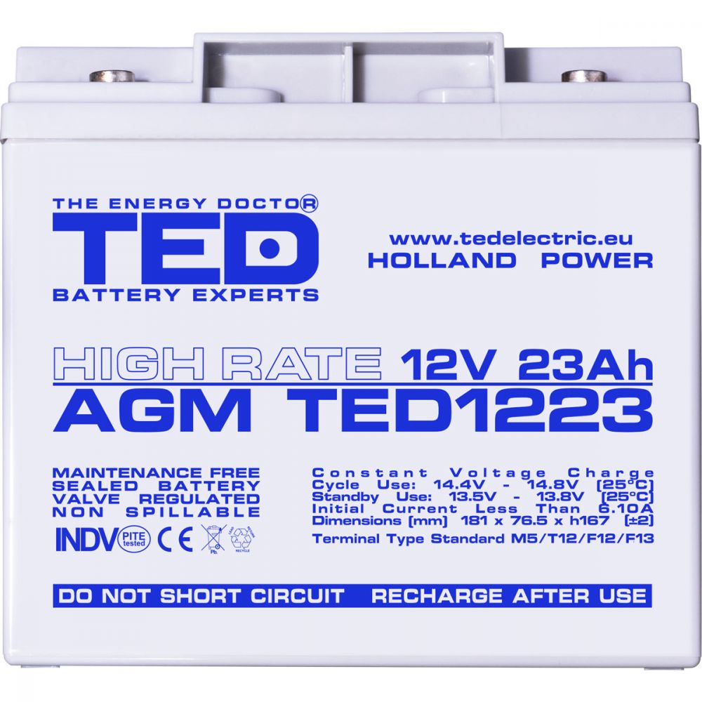 Acumulator AGM VRLA 12V 23Ah TED Electric - High Rate, M5 - 8