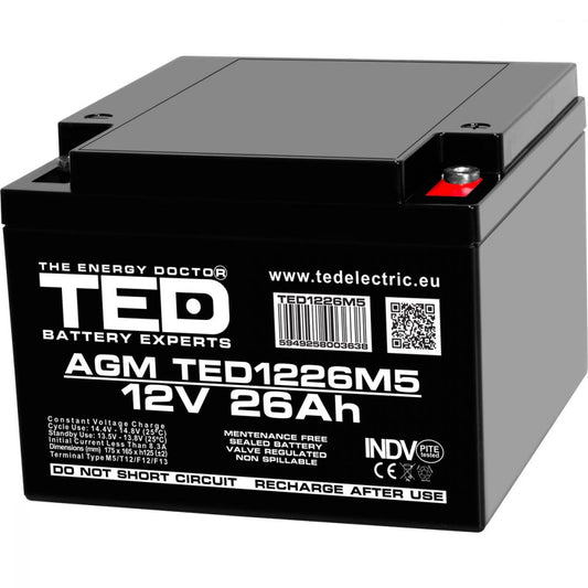 Acumulator AGM VRLA 12V 26Ah TED Electric - Fiabil, Fără Întreținere - 1