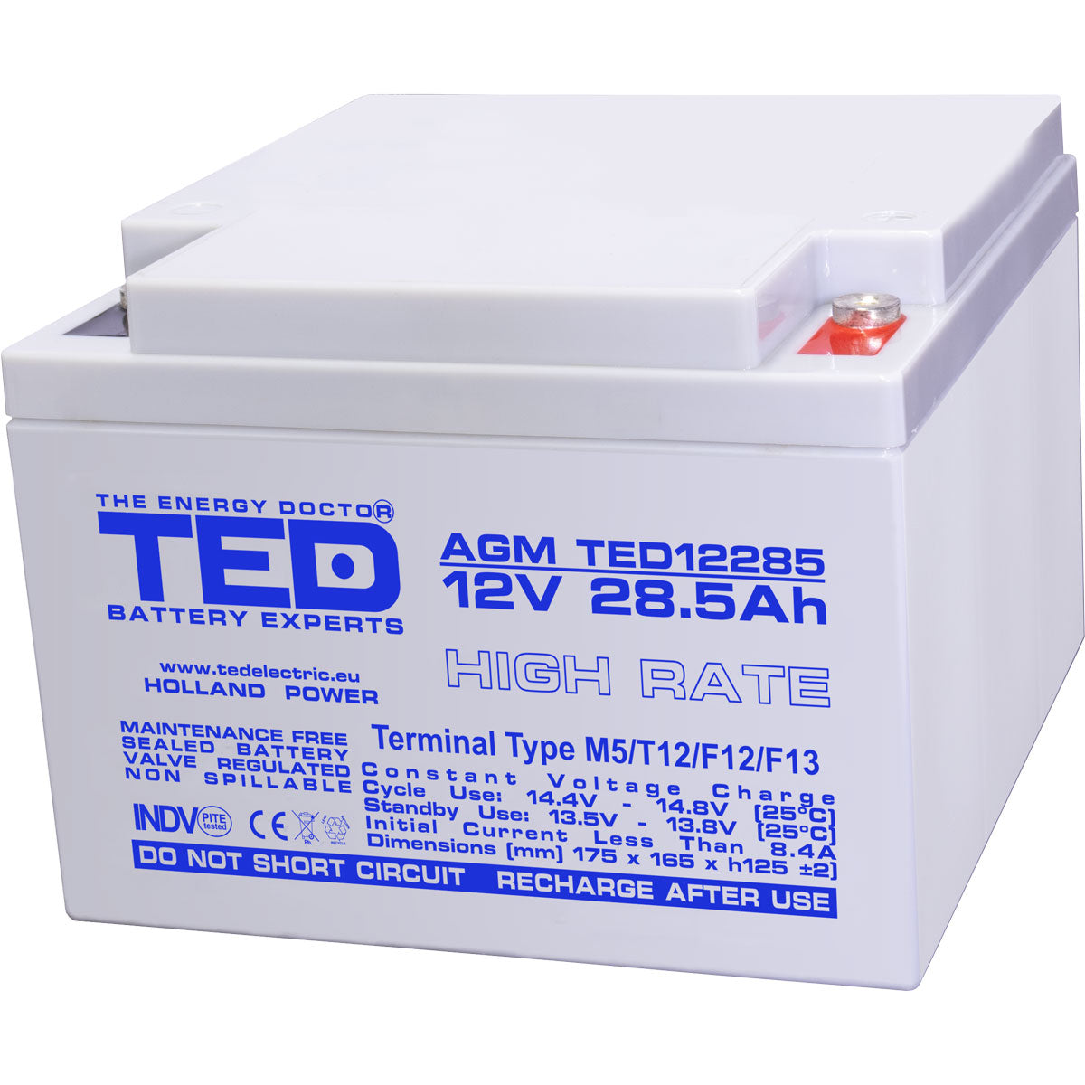 Acumulator AGM VRLA 12V 28,5Ah TED Electric - High Rate, M5 - 2