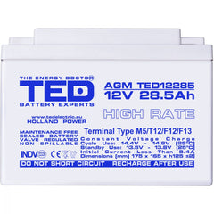 Acumulator AGM VRLA 12V 28,5Ah TED Electric - High Rate, M5 - 8