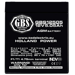 Acumulator AGM VRLA 12V 5,05Ah GBS - Sisteme Securitate, F1 - 4