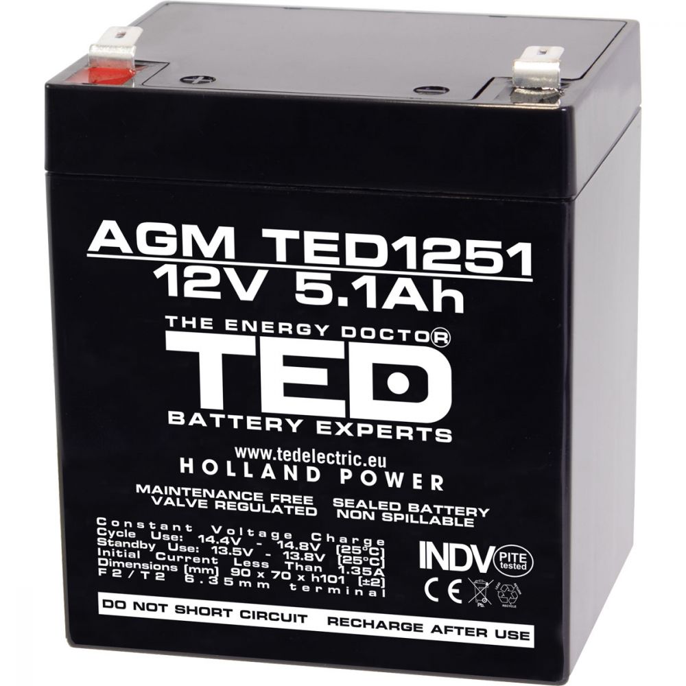 Acumulator AGM VRLA 12V 5.1Ah TED Electric - F2, Etanș, Compact - 1