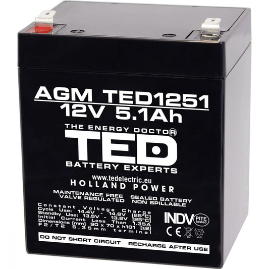Acumulator AGM VRLA 12V 5.1Ah TED Electric - F2, Etanș, Compact - 1
