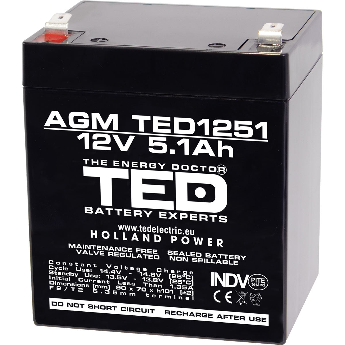 Acumulator AGM VRLA 12V 5.1Ah TED Electric - F2, Etanș, Compact - 2