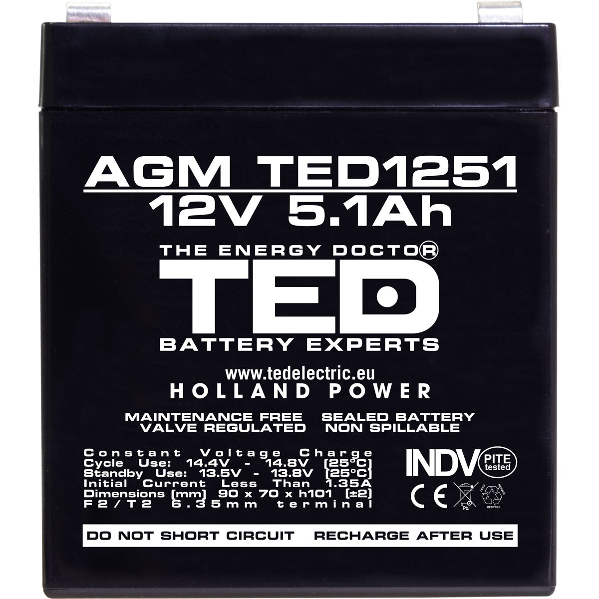 Acumulator AGM VRLA 12V 5.1Ah TED Electric - F2, Etanș, Compact - 4