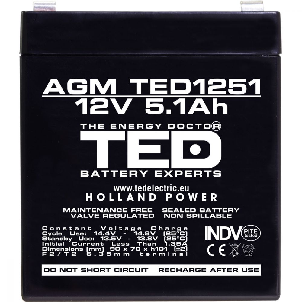 Acumulator AGM VRLA 12V 5.1Ah TED Electric - F2, Etanș, Compact - 8