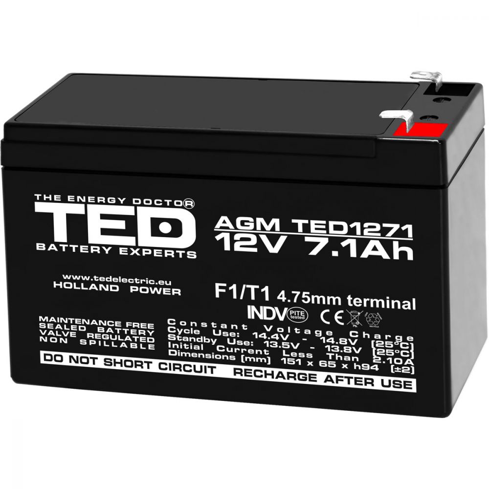 Acumulator AGM VRLA 12V 7.1Ah TED Electric - F1, Fiabil și Etanș - 1