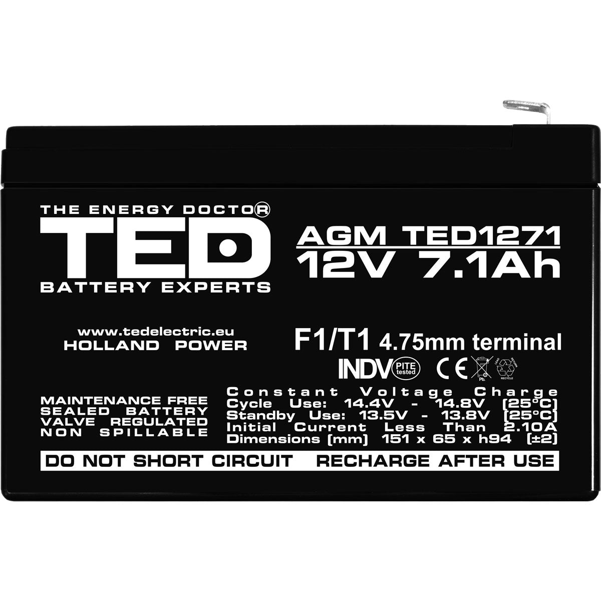 Acumulator AGM VRLA 12V 7.1Ah TED Electric - F1, Fiabil și Etanș - 4