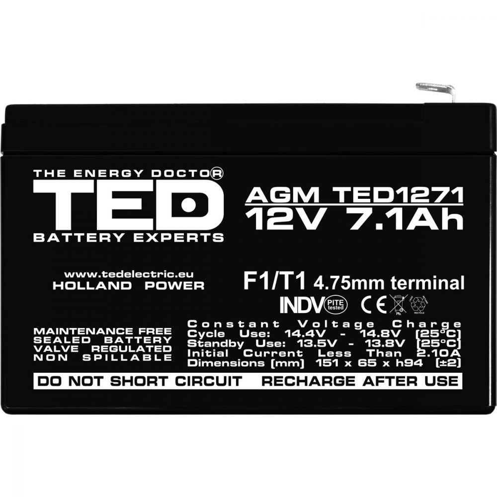 Acumulator AGM VRLA 12V 7.1Ah TED Electric - F1, Fiabil și Etanș - 8