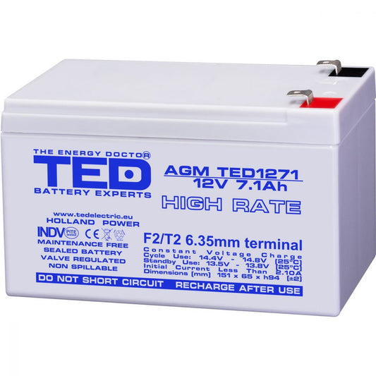 Acumulator AGM VRLA 12V 7.1Ah TED Electric - High Rate, Compact - 1