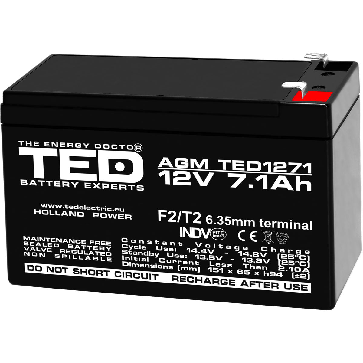 Acumulator AGM VRLA 12V 7.1Ah TED Electric - Sigur, Fiabil, F2 - 2