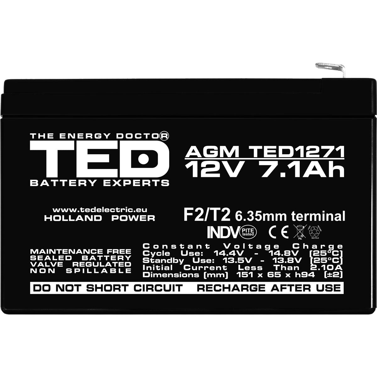 Acumulator AGM VRLA 12V 7.1Ah TED Electric - Sigur, Fiabil, F2 - 4
