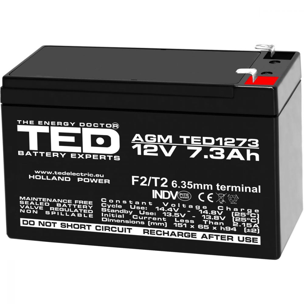 Acumulator AGM VRLA 12V 7.3Ah TED Electric - F2, Etans, Fiabil - 1