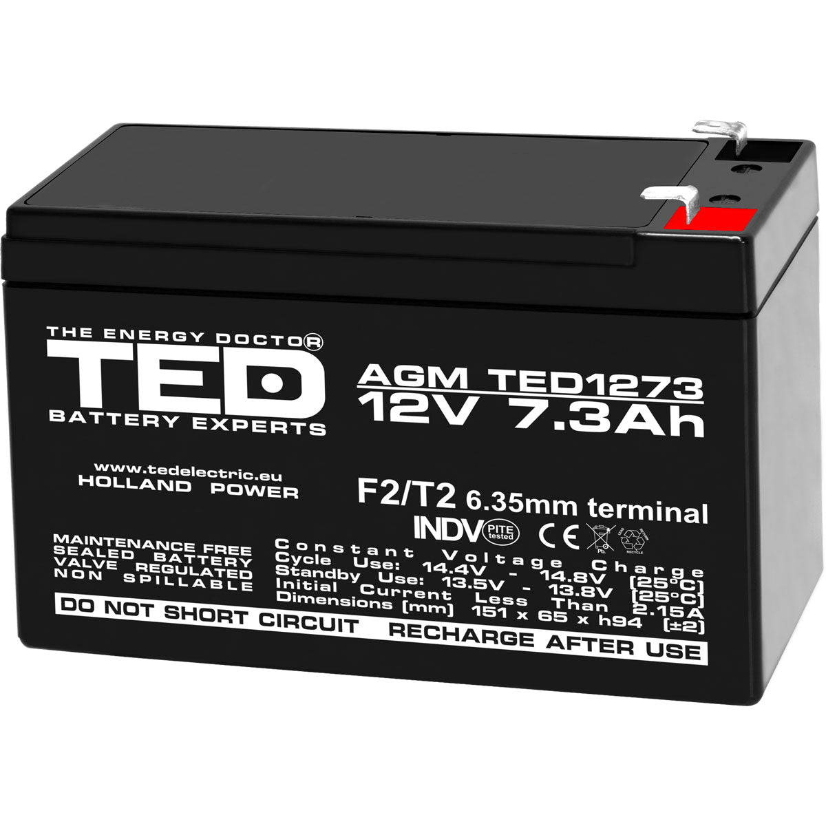 Acumulator AGM VRLA 12V 7.3Ah TED Electric - F2, Etans, Fiabil - 2