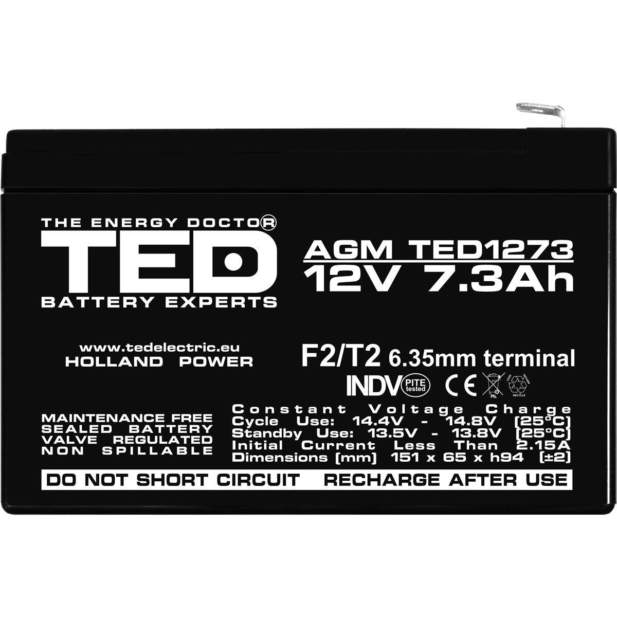 Acumulator AGM VRLA 12V 7.3Ah TED Electric - F2, Etans, Fiabil - 4