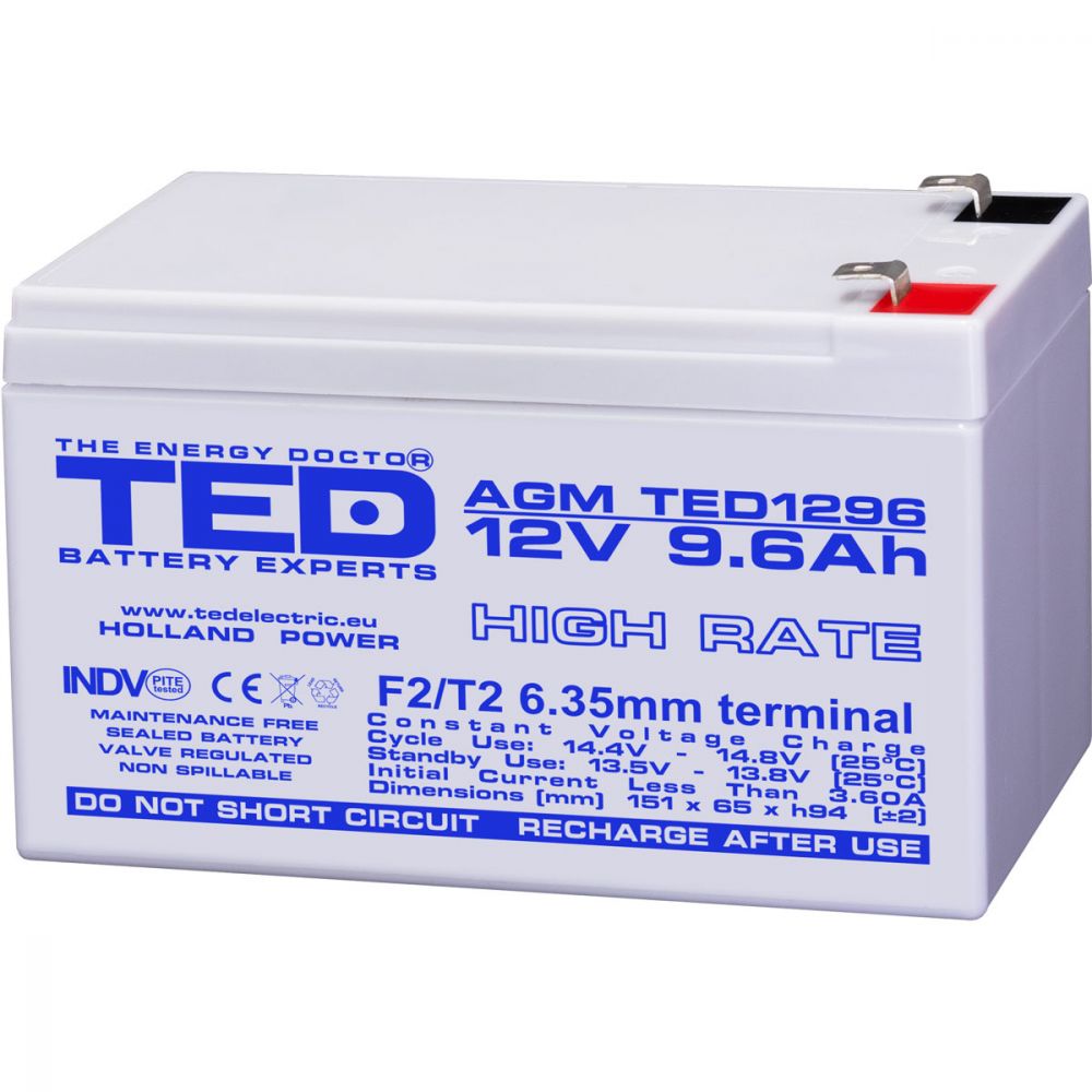 Acumulator AGM VRLA 12V 9.6Ah High Rate TED Electric - Durată Lungă, Fiabil - 1