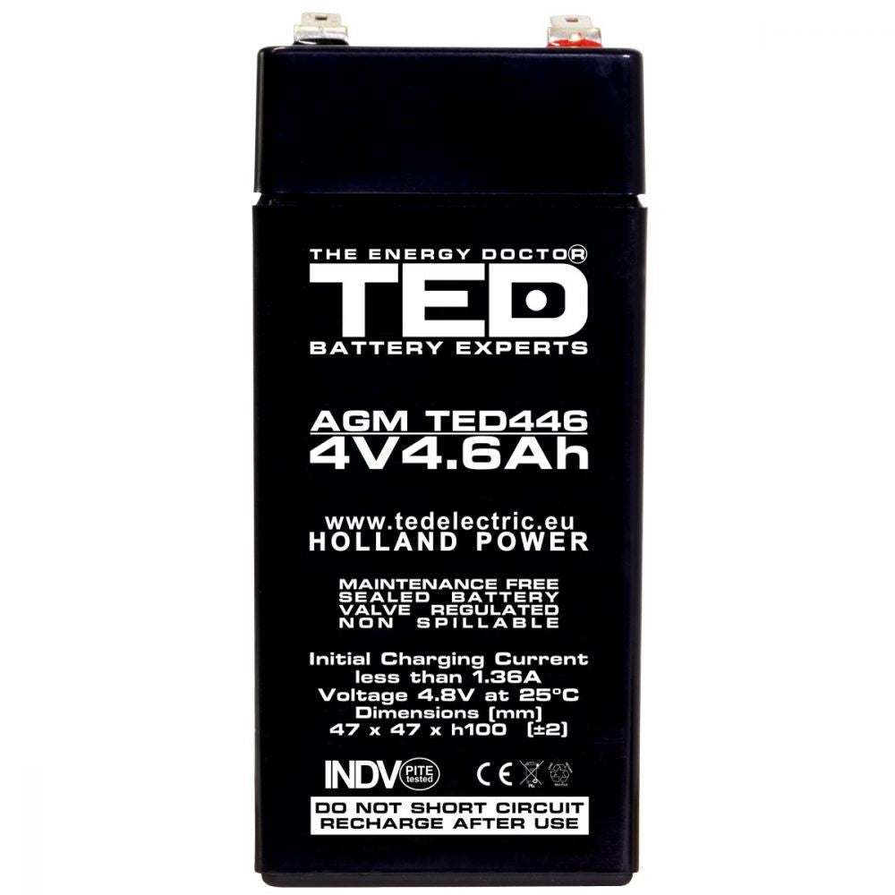 Acumulator AGM VRLA 4V 4.6Ah TED Electric - Compact, Etanș - 8