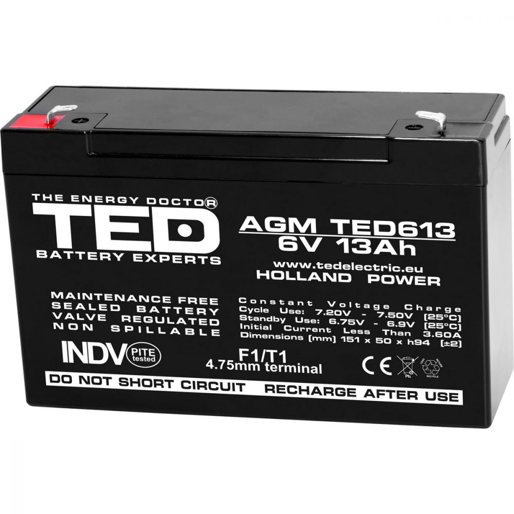 Acumulator AGM VRLA 6V 13Ah TED Electric - Etanș, Fiabil - 1