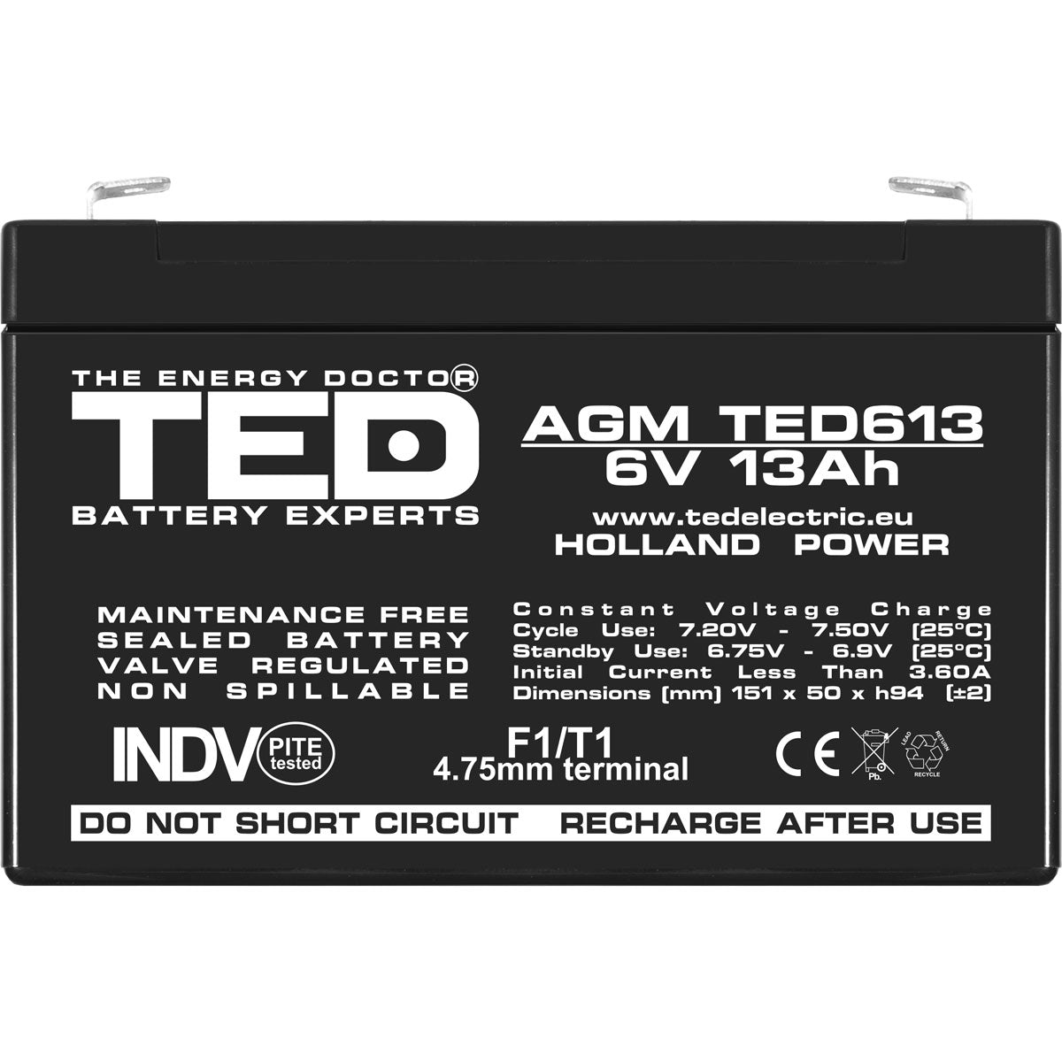 Acumulator AGM VRLA 6V 13Ah TED Electric - Etanș, Fiabil - 4