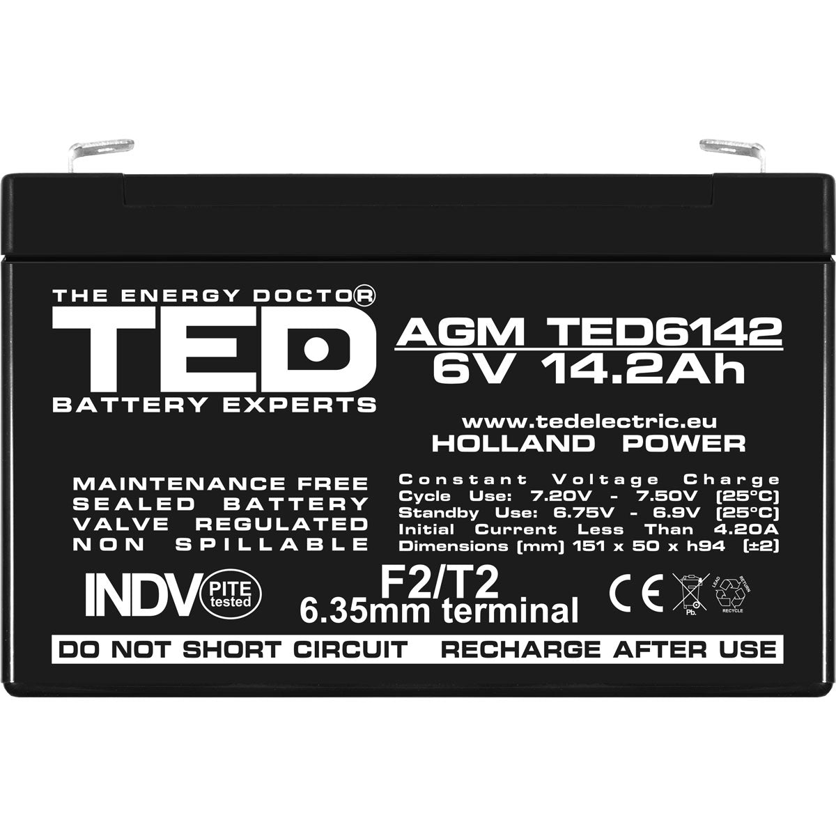 Acumulator AGM VRLA 6V 14.2Ah TED Electric - F2, Etanș, Fiabil - 4