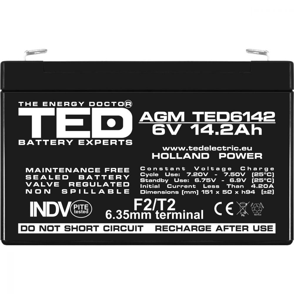 Acumulator AGM VRLA 6V 14.2Ah TED Electric - F2, Etanș, Fiabil - 8