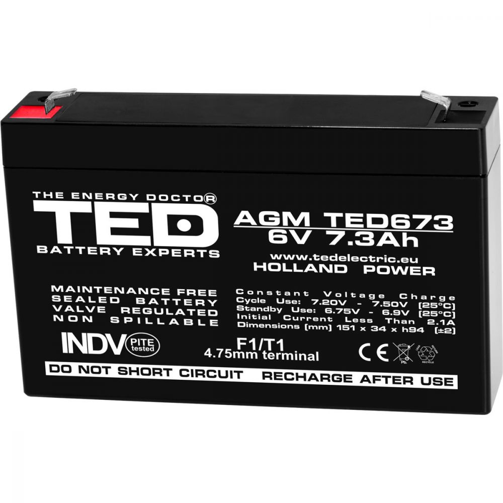 Acumulator AGM VRLA 6V 7.3Ah TED Electric - Etans, Compact, F1 - 1