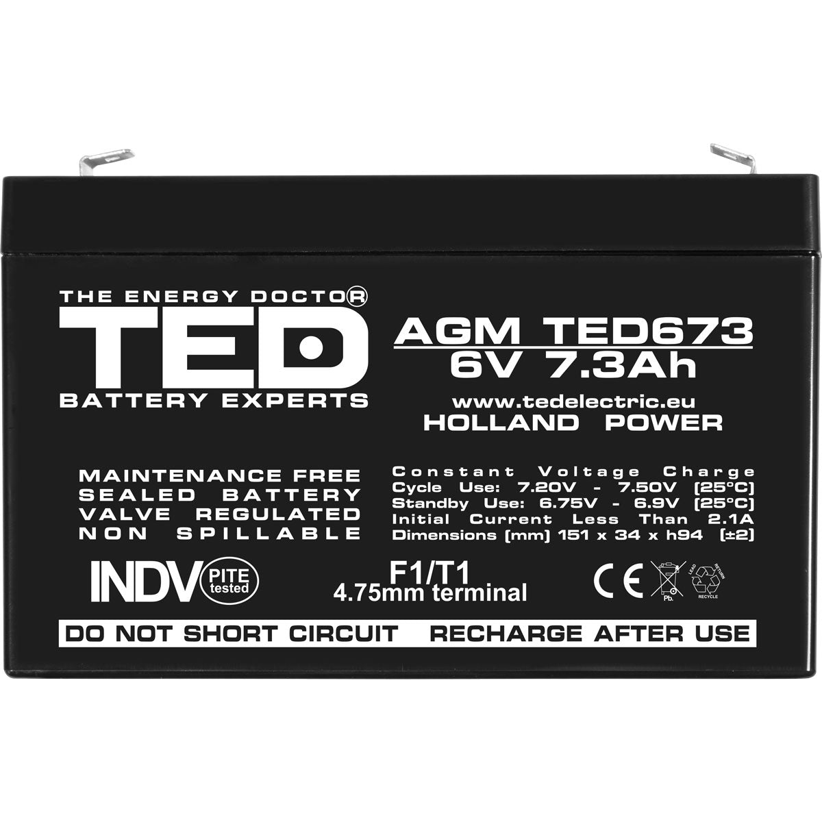 Acumulator AGM VRLA 6V 7.3Ah TED Electric - Etans, Compact, F1 - 4