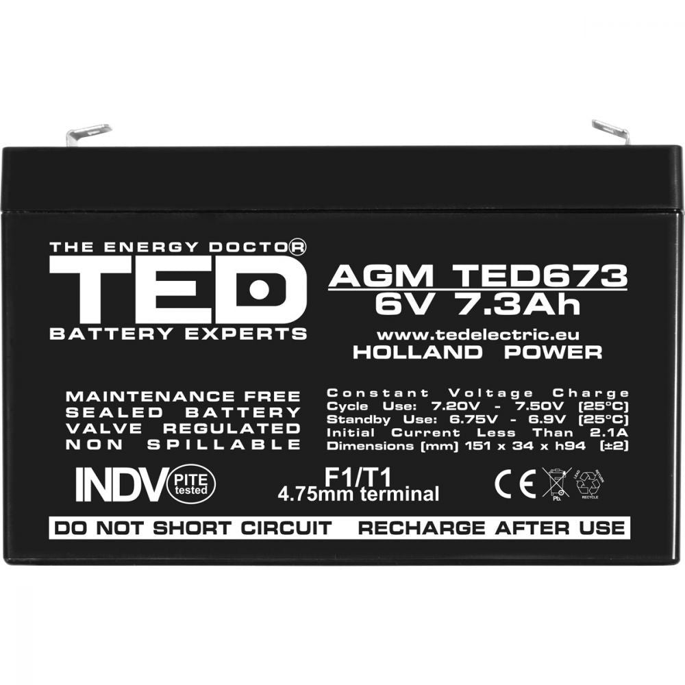 Acumulator AGM VRLA 6V 7.3Ah TED Electric - Etans, Compact, F1 - 8